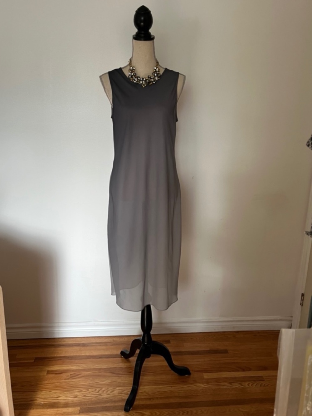 Minimalist Sleeveless Grey Sheer Overlay Slip Midi Dress - Size Medium